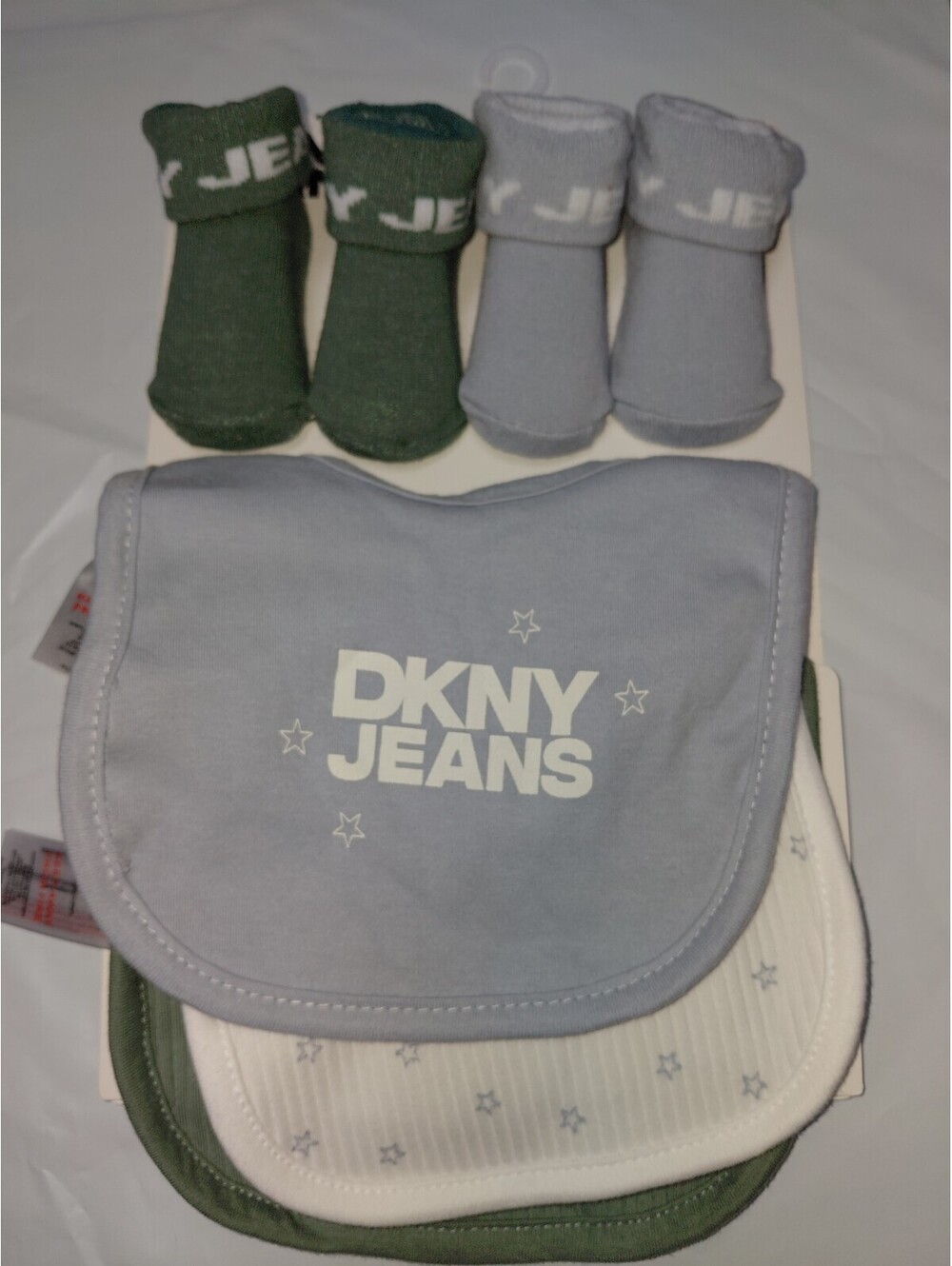 DKNY bib and sock GIF set baby shower 6/12 M